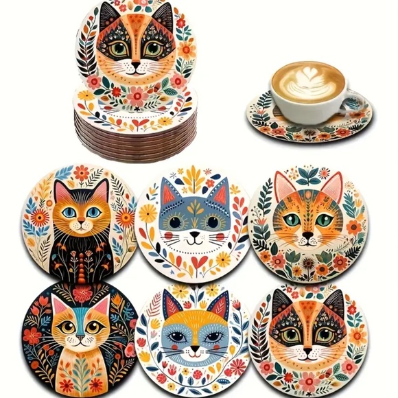 NIP! Set of 6 Bohemian Floral Artistic Cats Coffee, Tea, Drink Coasters! - Picture 1 of 5